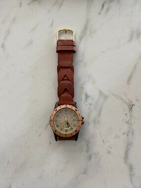 Vintage TIMEX Safari Watch Compass Bezel Brown Leather Woven Strap preowned